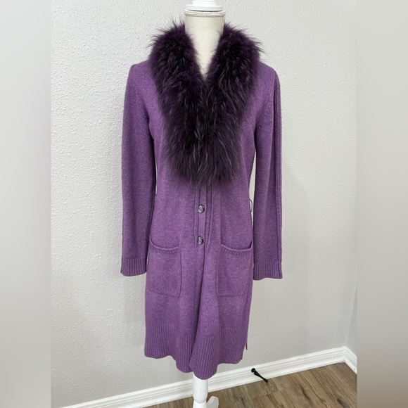 Escada Purple Wool Raccoon Fur Collar Detail Cardigan Size 34 Small - Picture 9 of 15